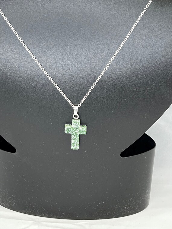20" moss agate cross pendant on silver chain with lobster clasp