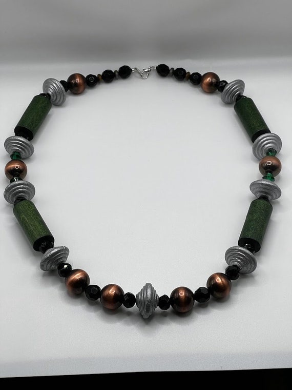 25" green, silver, bronze, and black bead necklace