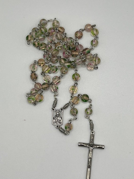 19.5" glass rose bead rosary with Sacred Heart center and round crucifix