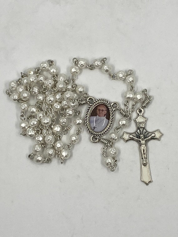 6mm white shimmer faceted bead rosary with enamel Pope Benedict center and white enamel crucifix