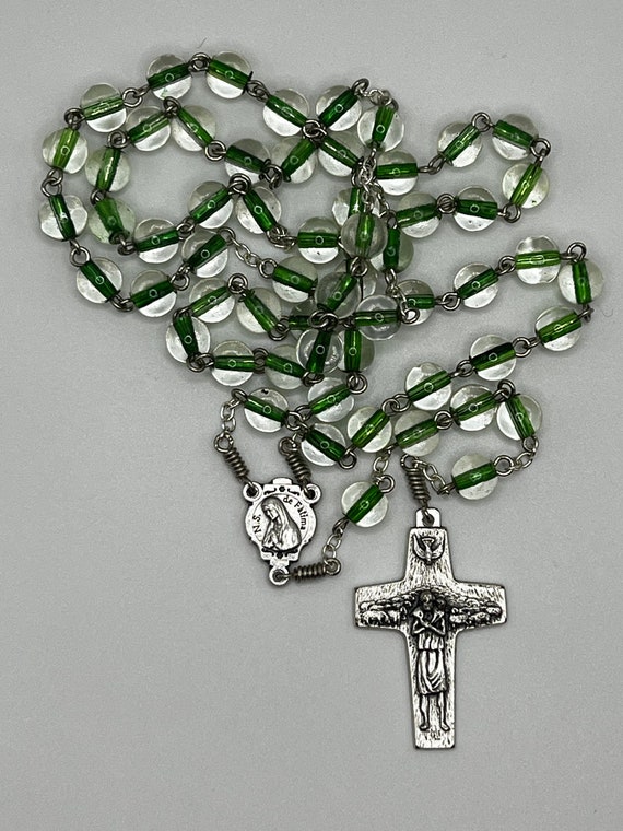 22.5"clear glass with green stripe rosary Fatima/Sacred Heart center Pope Francis crucifix