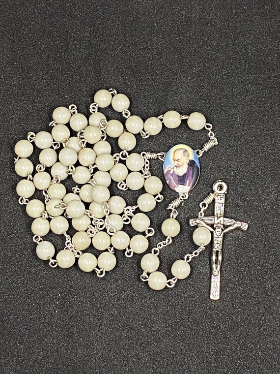 23.5" gray bead rosary with enamel Padre Pio center