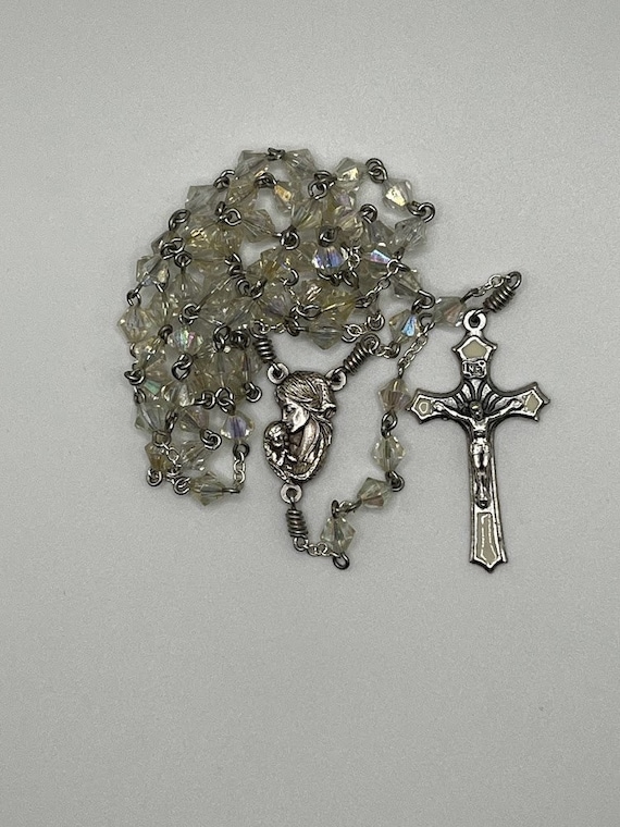 20" rainbow bicone bead rosary with Madonna and Child center and white enamel inlay crucifix