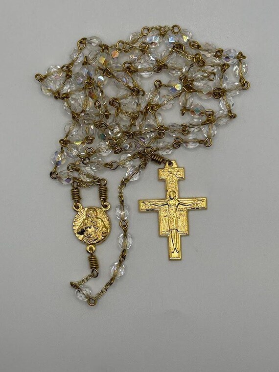 27.5" aurora borealis coated clear glass bead 7 decade crown rosary with God the Father center and San Damiano crucifix