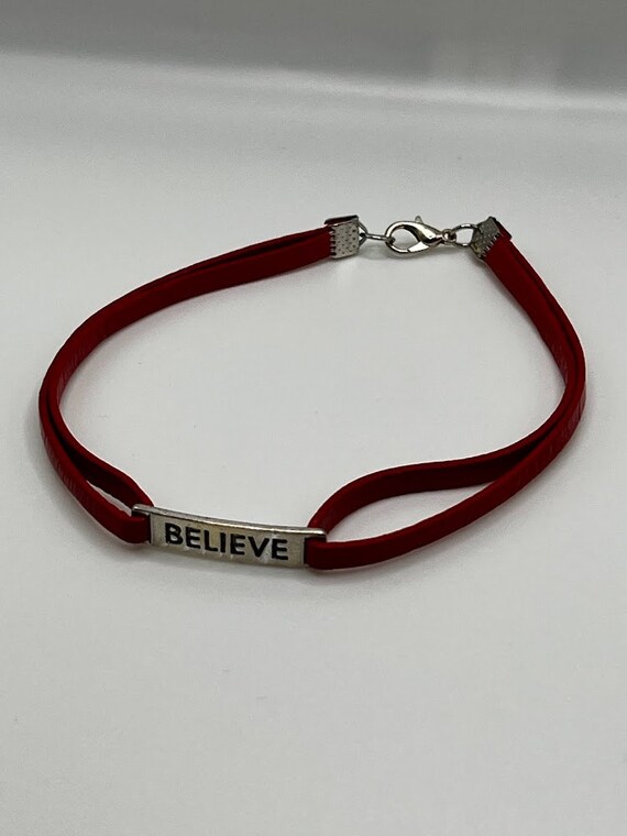 9" red leather 'believe' bracelet