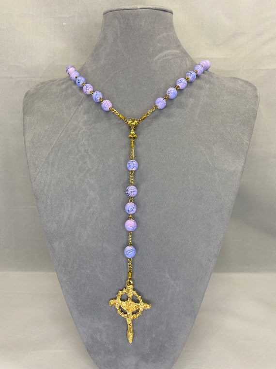 25.5" blue and purple splatter bead rosary with chalice center and crown of thorns and nails crucifix