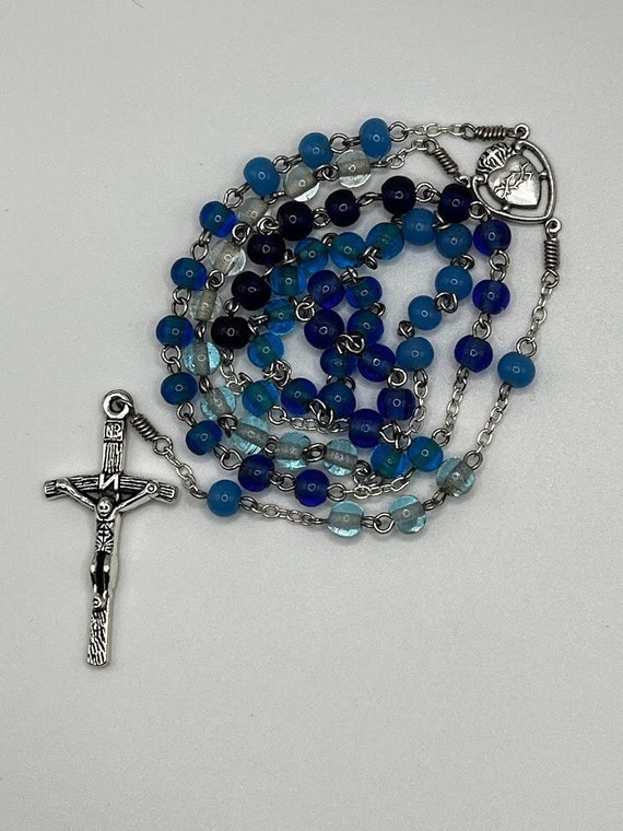 22" blue gradient glass bead rosary with Sacred Heart/Our Lady of Fatima center