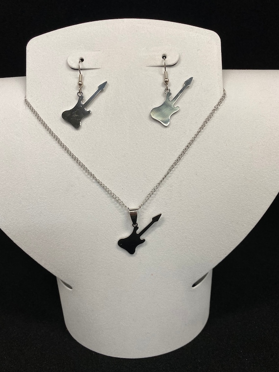 18" stainless steel guitar charm necklace and earring set