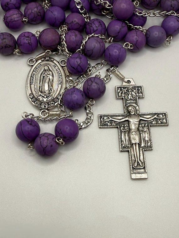 42" purple bead wall rosary with Our Lady of Guadalupe center and San Damiano crucifix