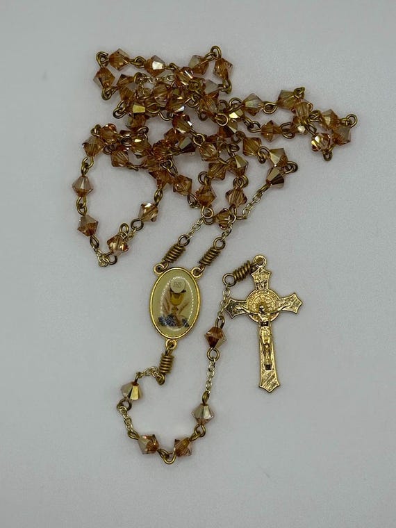 21" sunshine Swarovski crystal rosary with Holy Eucharist center and St Benedict crucifix