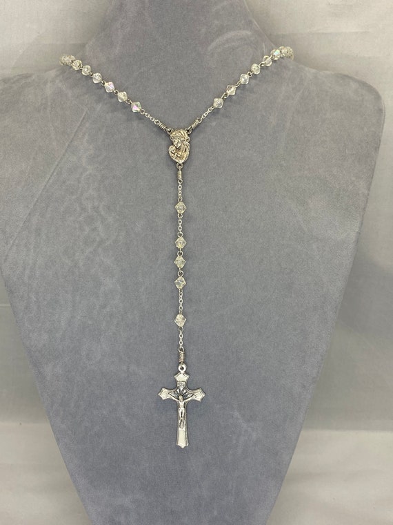 20" crystal bead rosary with Madonna and Child center and white enamel inlay crucifix