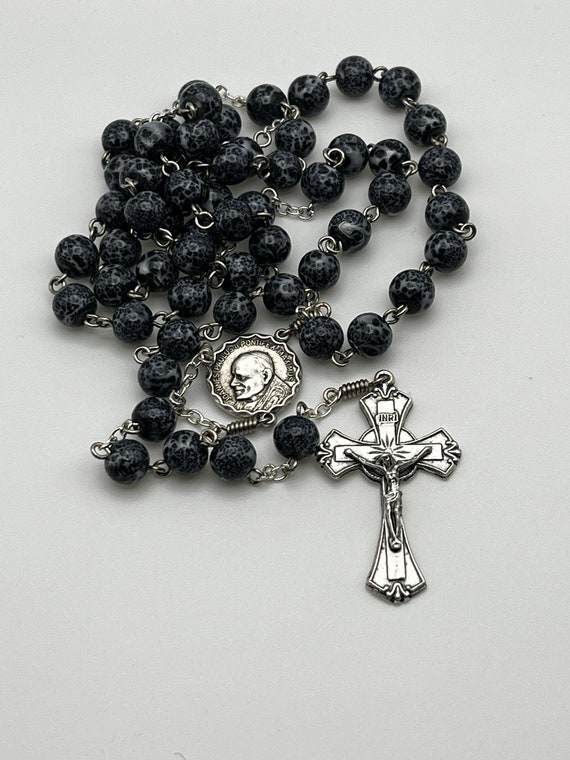 23" black speckled bead rosary with JPII/Holy Spirit center