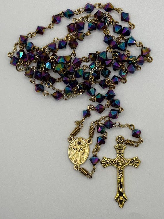 28.5 7 decade purple/blue vitrial bead crown rosary with Divine Mercy center