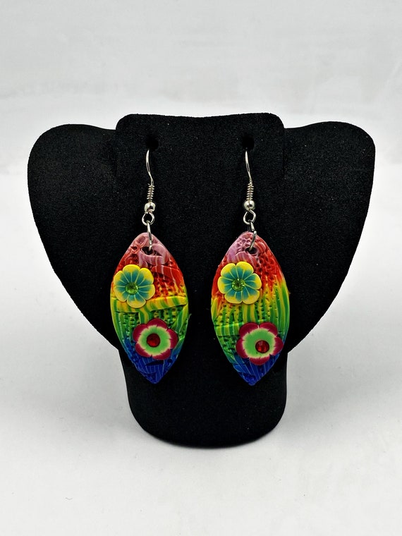 Rainbow flower clay dangle earrings