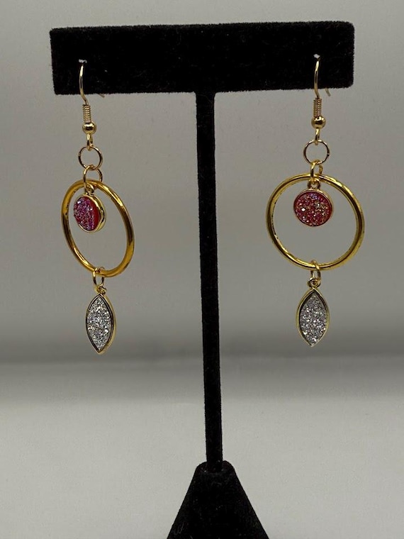 Pink and white drop earrings