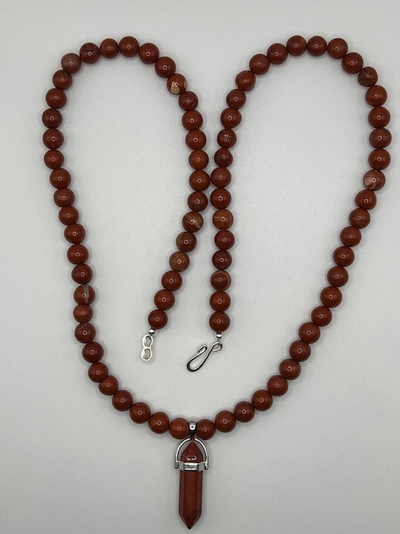 26" red jasper beaded necklace with point