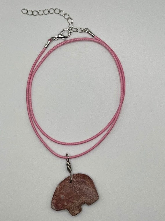 Rhodonite bear or rhodochrosite fish on pink cord