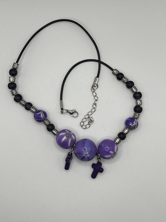 18" purple bead and cross charm necklace