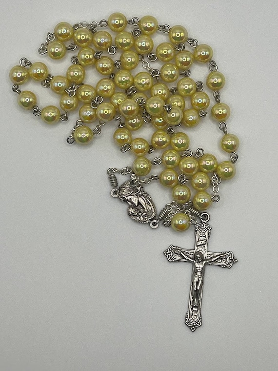 23" yellow shimmer bead rosary with Madonna and Child center