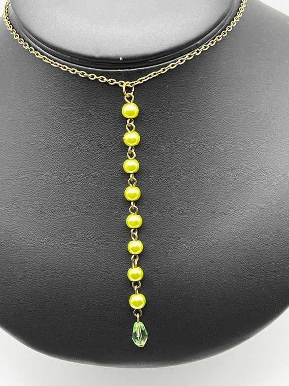 24" green pearl and drop pendant on brass