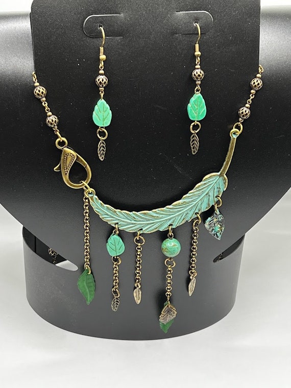 Patina feather necklace and earring set