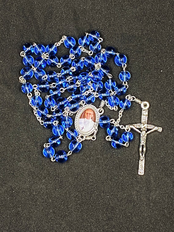 23.5" blue glass bead rosary with enamel Pope Benedict center