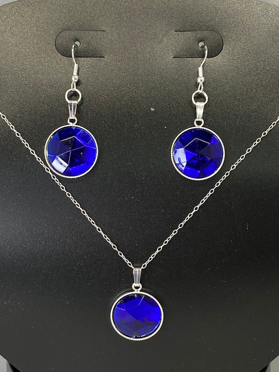 20" blue round faceted drop necklace and earring set in silver or brass