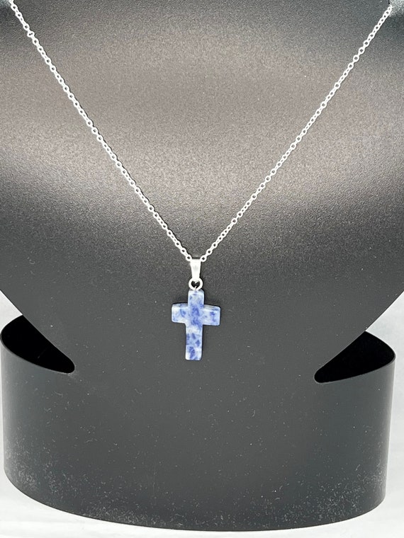 20" sodalite cross pendant on silver chain with lobster clasp