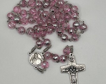 20.5" pink and silver glass bead rosary with Pope Francis center and crucifix