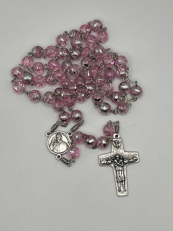 20.5" pink and silver glass bead rosary with Pope Francis center and crucifix