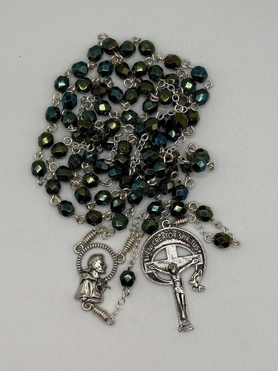 28" iris green metallic glass faceted bead 7 decade crown rosary with St Francis center and Veni Creator Spiritus crucifix