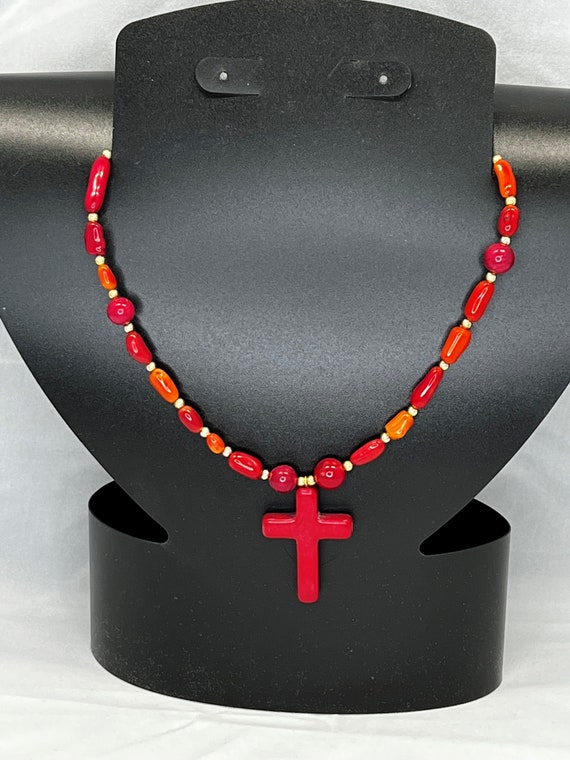 16"  red howlite cross necklace