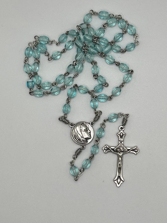 20.5" turquoise glass bead rosary with Madonna center