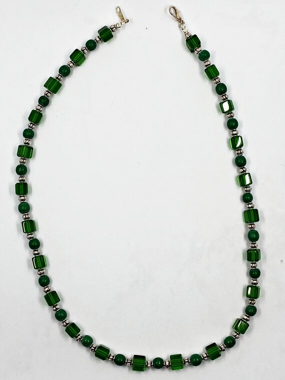 19" green glass cube and wooden round bead necklace