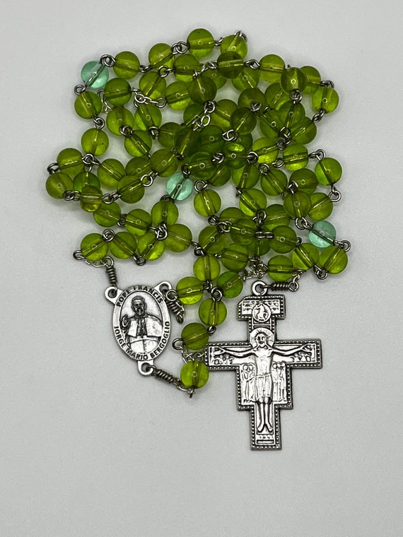 29.5" green glass bead 7 decade Franciscan Crown rosary