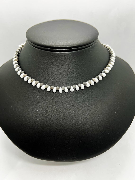 16" white glass teardrop and labradorite necklace
