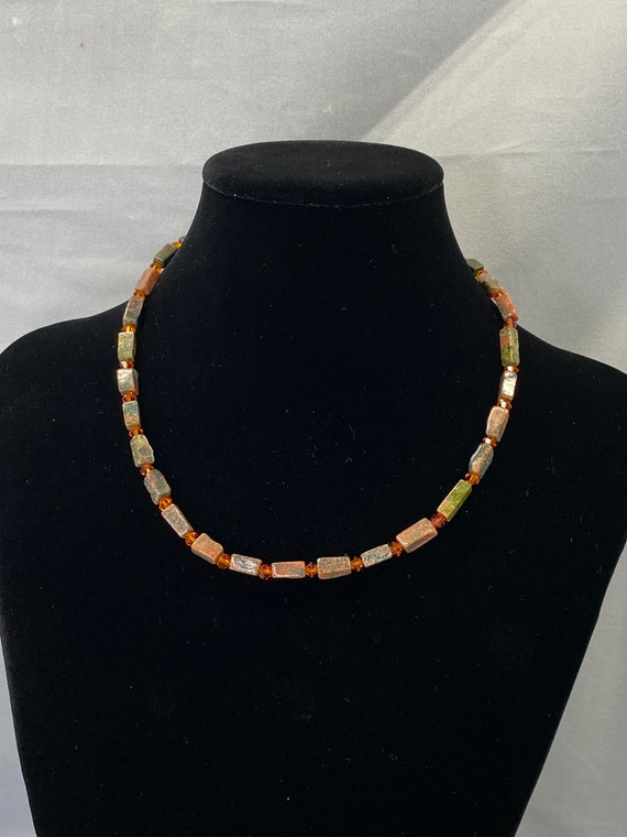 16" unakite and Swarovski crystal necklace