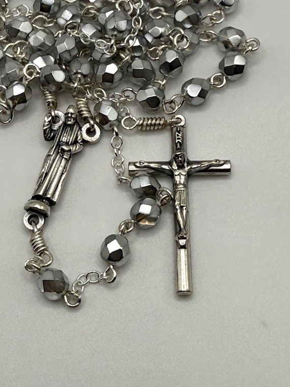 28" silver glass bead 7 decade crown rosary with Padre Pio center and round crucifix
