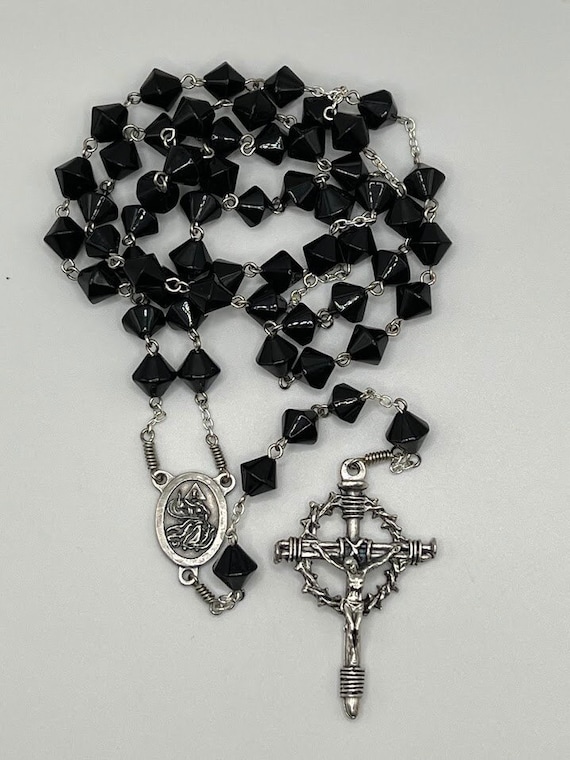 27" black glass bicone bead rosary with God the Father center and Crown of Thorns crucifix