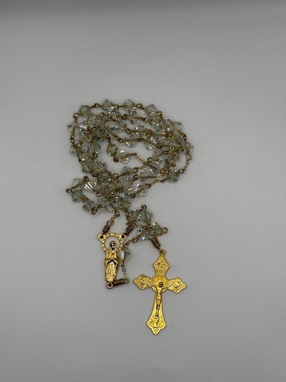 25.5" clear crystal bead rosary with Immaculate Conception center and leaves and grapes crucifix