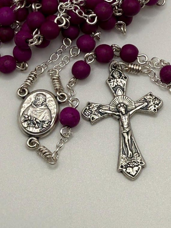 26" fuchsia bead 7 decade crown rosary with St Francis center and leaves and grapes crucifix