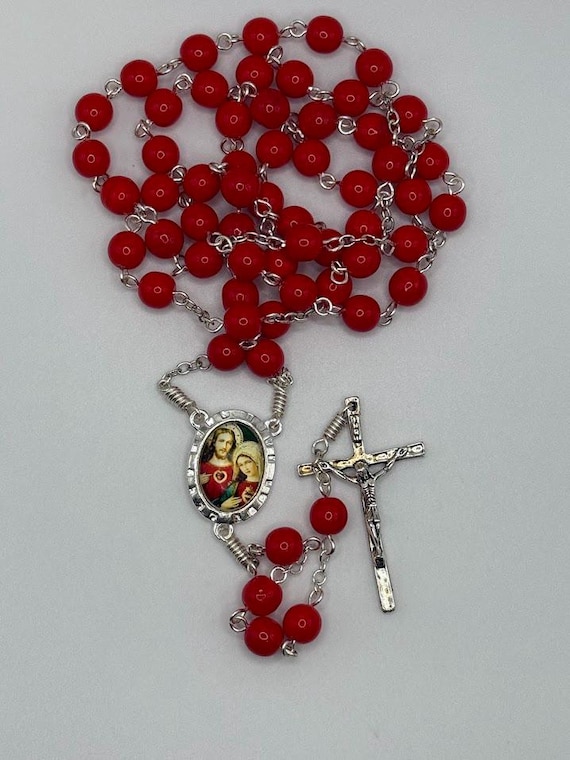 24.5" red glass bead rosary with Immaculate Heart of Mary/Sacred Heart of Jesus center and thin crucifix