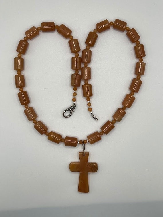 23" red agate cross beaded necklace