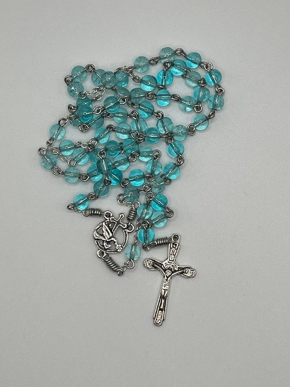 19" turquoise glass bead rosary with cross, dove with branch, and heart center and Serve and Protect crucifix