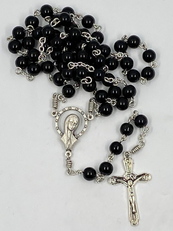 19.5" black bead rosary with Madonna/Sacred Heart center