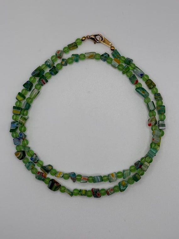 22.5" green millefiori glass bead necklace