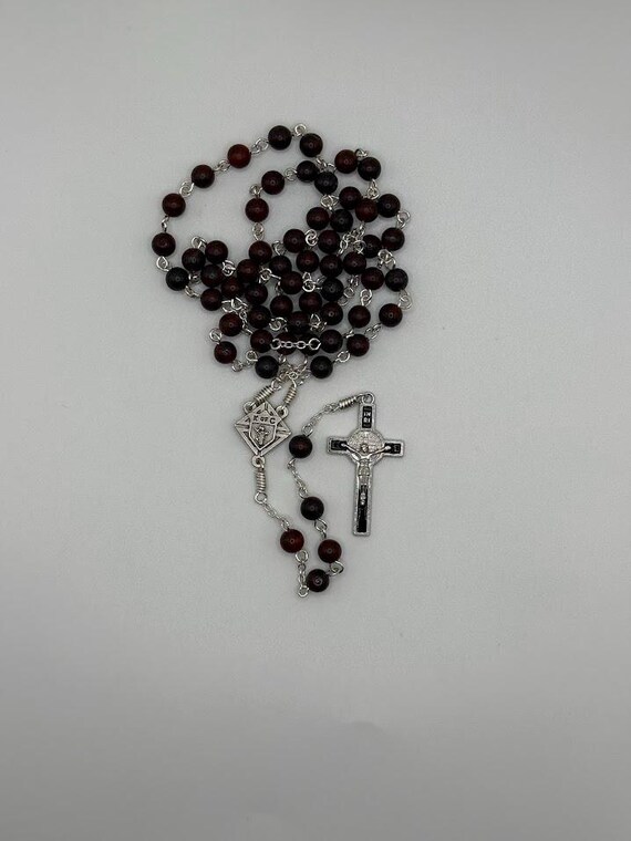 21" brecciated jasper bead rosary with Knights of Columbus center and black enamel crucifix