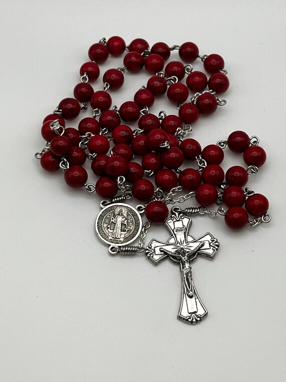 23.5" red riverstone rosary with St Benedict center