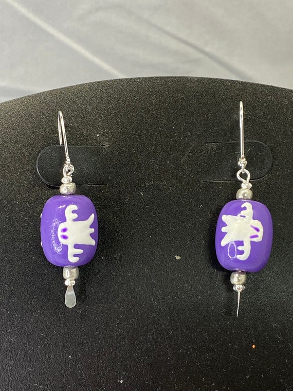 Purple and white hand painted glass ghost earrings