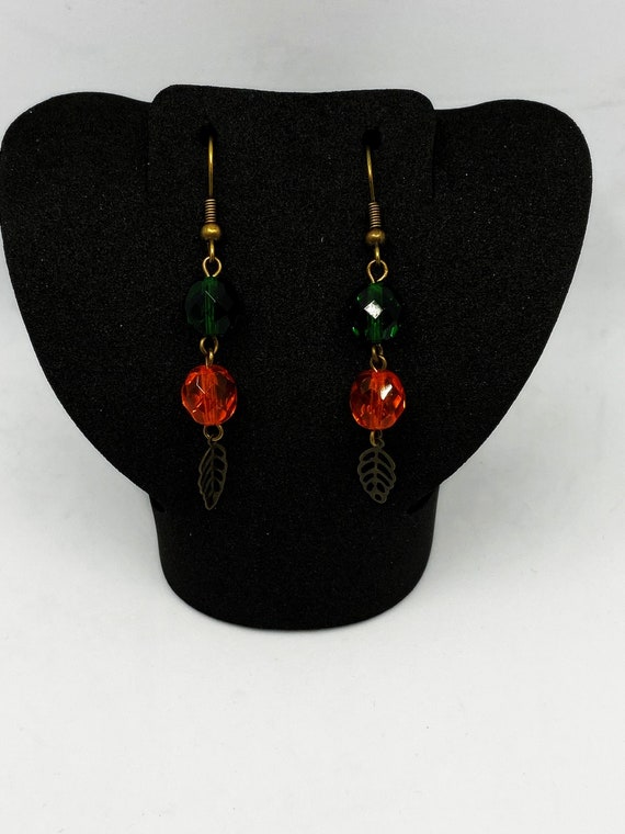 Green and orange fall leaf earrings